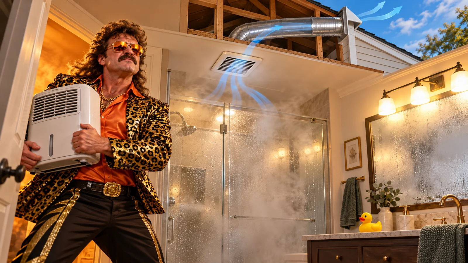 Retro carnival depiction of steam filling a residential bathroom