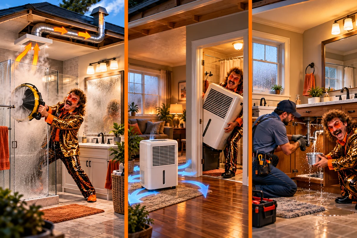 Ventilation-first versus dehumidifier bathroom moisture decision illustration