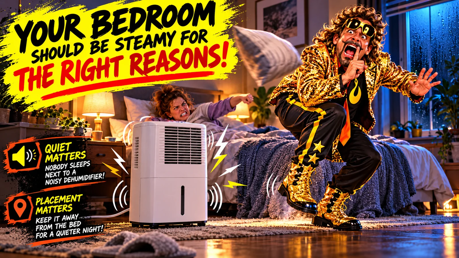 Exaggerated nighttime bedroom dehumidifier scene