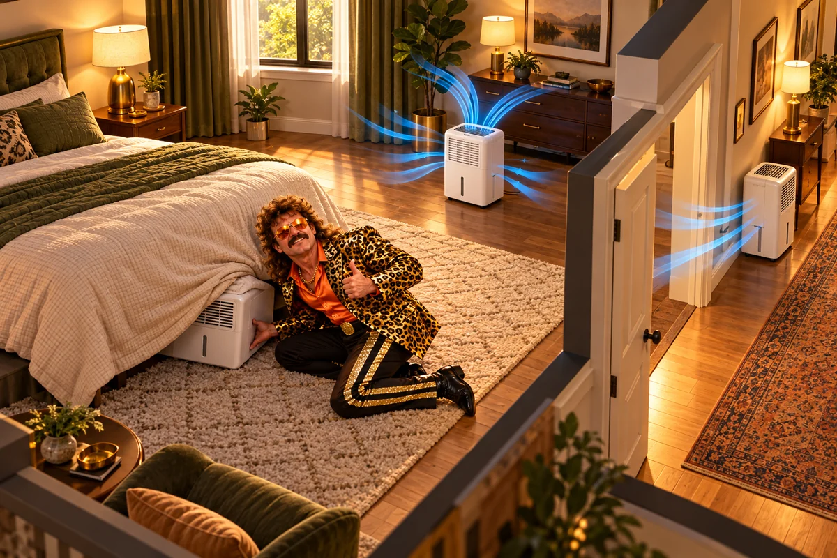 Bedroom dehumidifier placement and sleep-comfort illustration