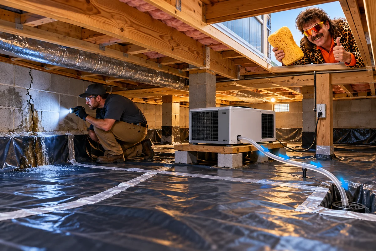 Illustration of crawl-space enclosure, drainage and machine-fit checks
