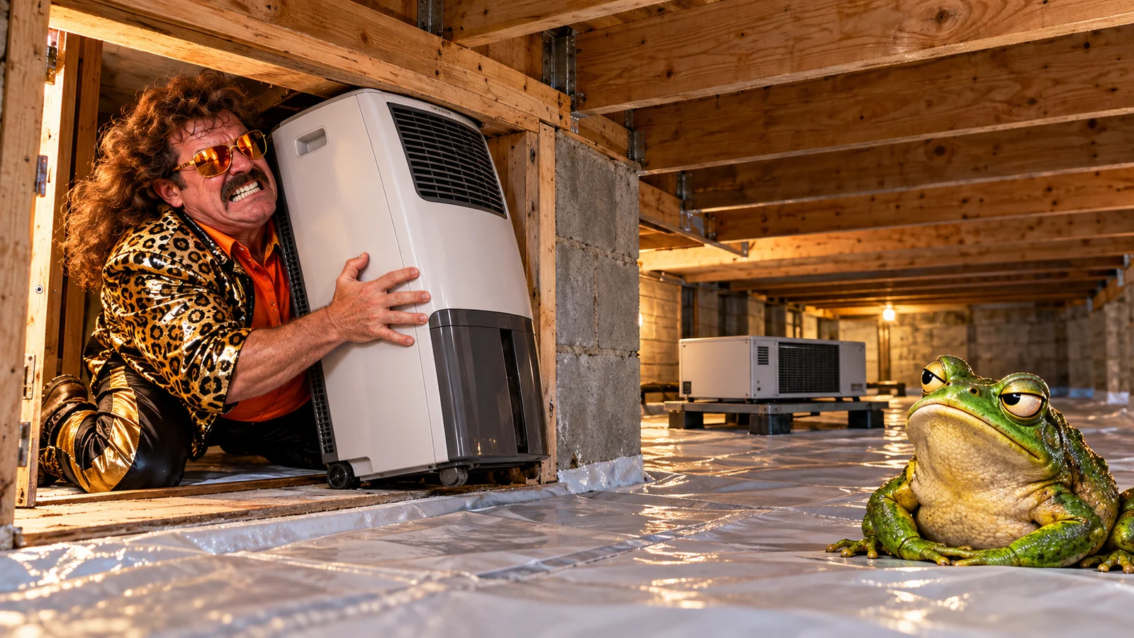 Theatrical crawl-space showdown with a frog and dehumidifier