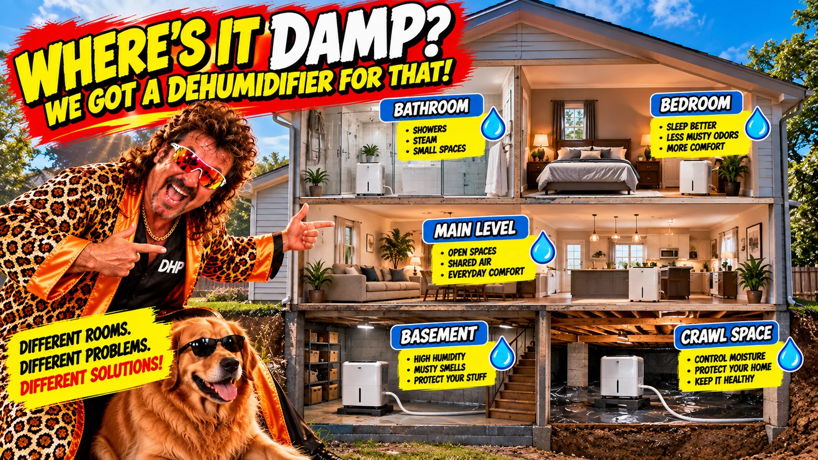 Five-room DHP showroom pointing toward household damp areas