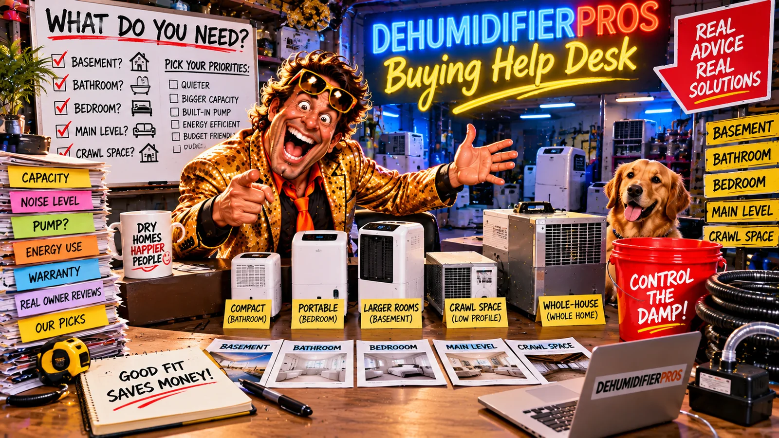 Retro dehumidifier buying-help counter with theatrical appliance salesman