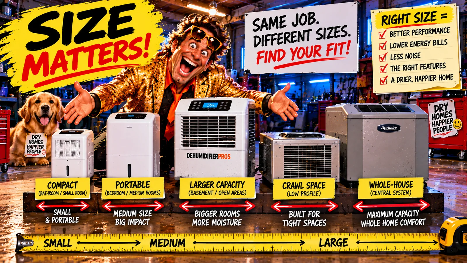 Bruce theatrically compares dehumidifier sizes while homeowner conditions determine the useful equipment class