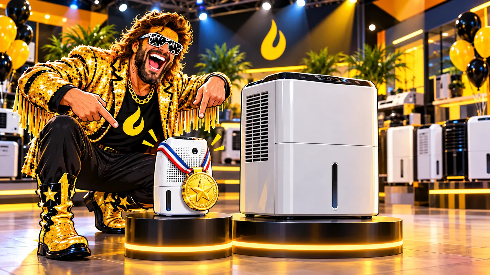 Tiny electric dehumidifier is shown against much larger room-scale equipment