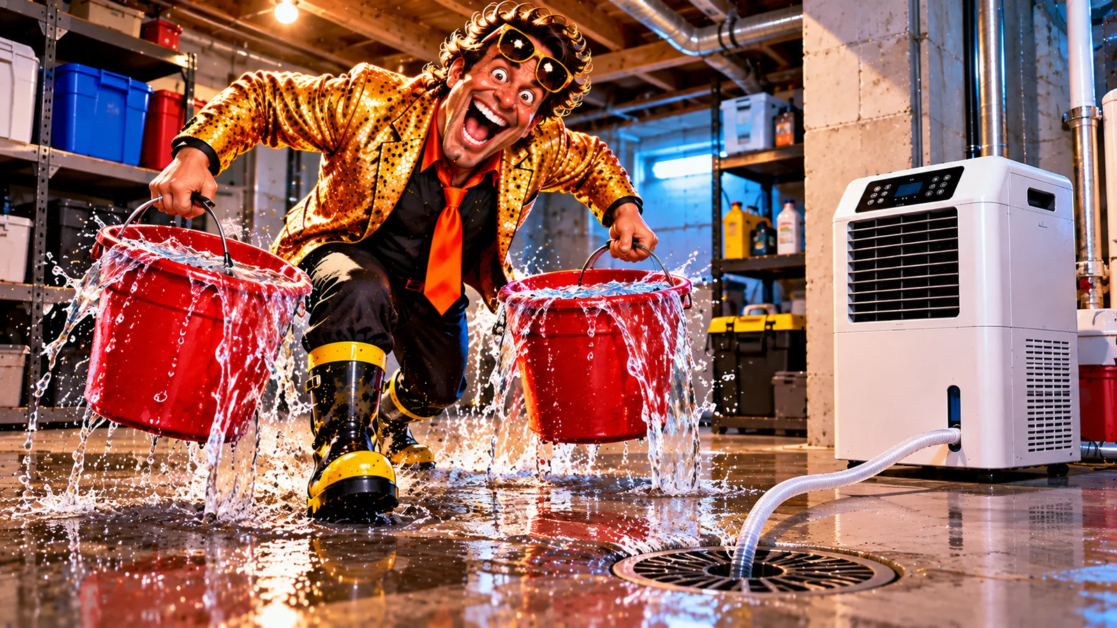 Theatrical scene about carrying dehumidifier collection water