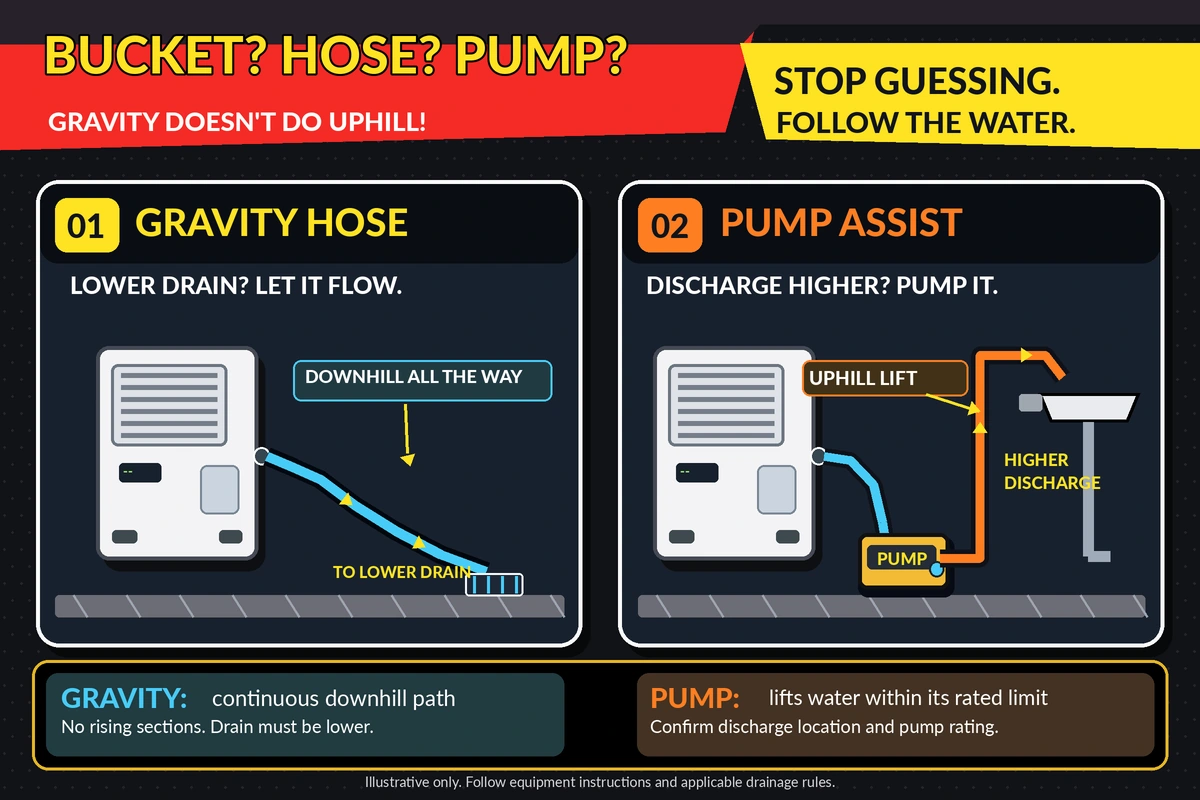 Diagram comparing downhill gravity drain with pumped elevated discharge