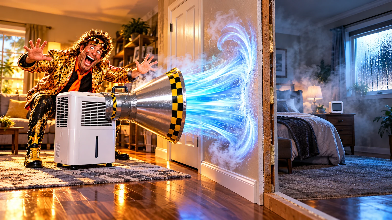 Comical illustration showing a dehumidifier blocked by a wall