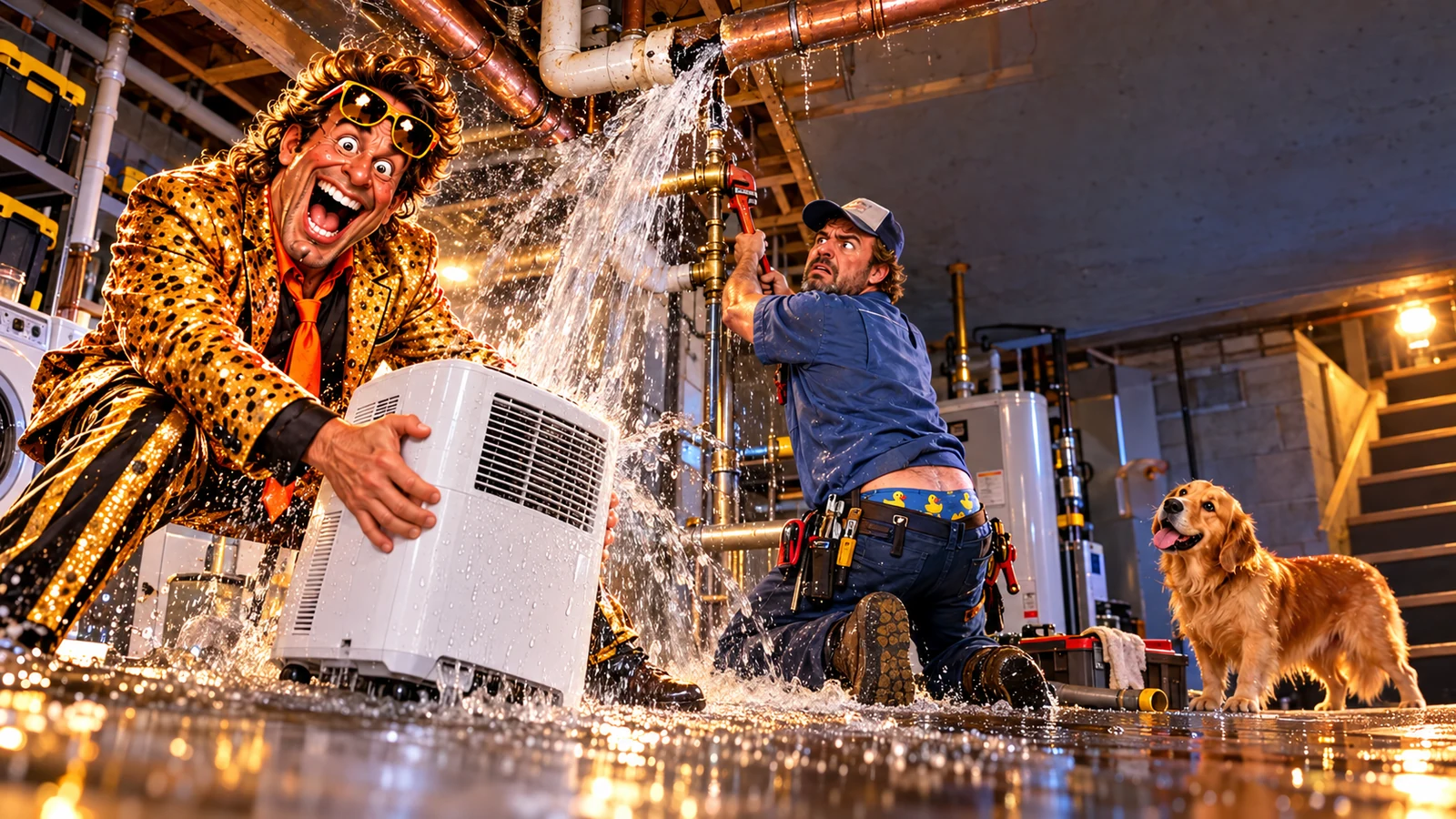Comic plumber discovers a major water leak that a dehumidifier cannot repair