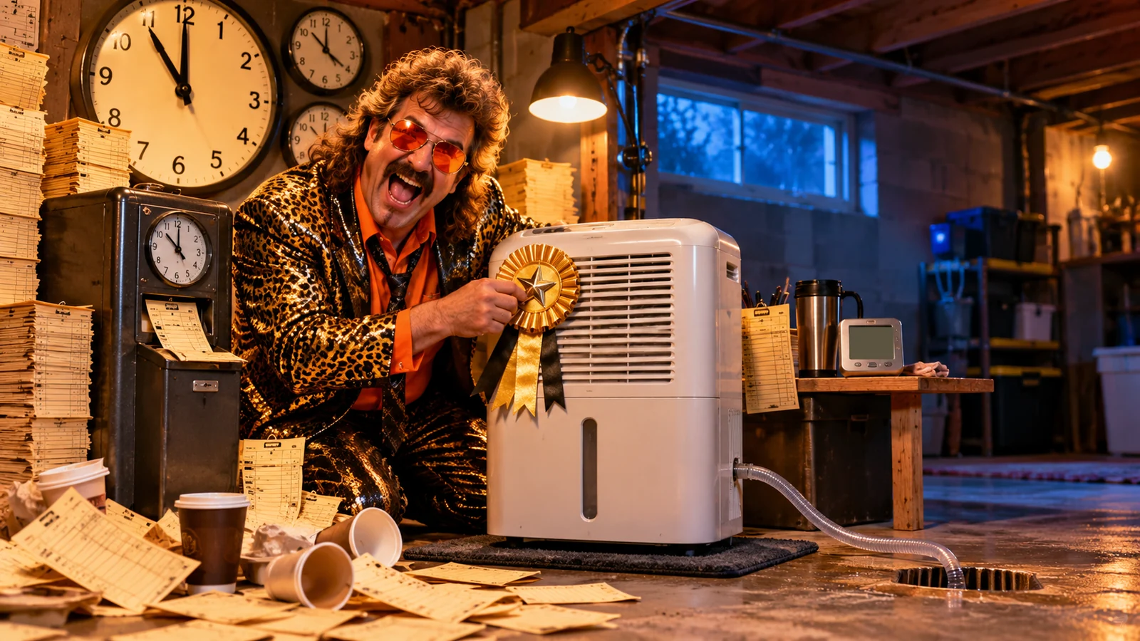 Dramatic illustration of a dehumidifier working overtime