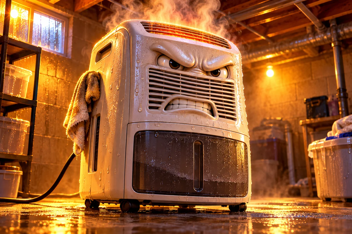 Angry cartoon dehumidifier with a face, sweat and exaggerated steam representing overwork
