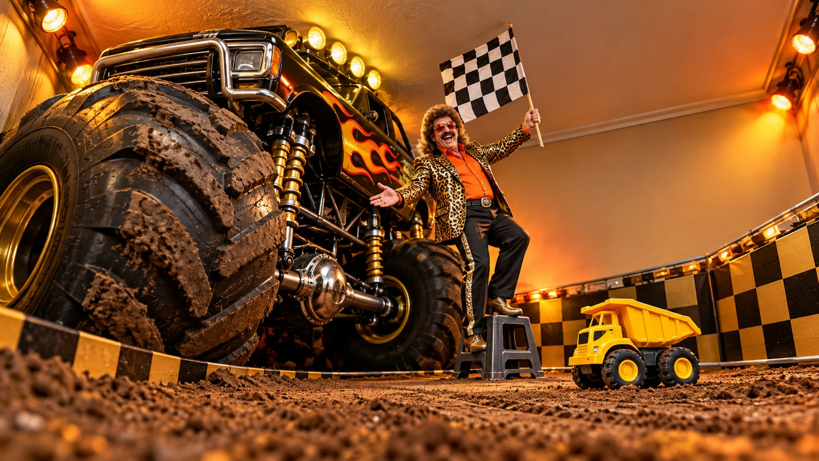 Exaggerated mini-versus-monster-truck equipment size joke