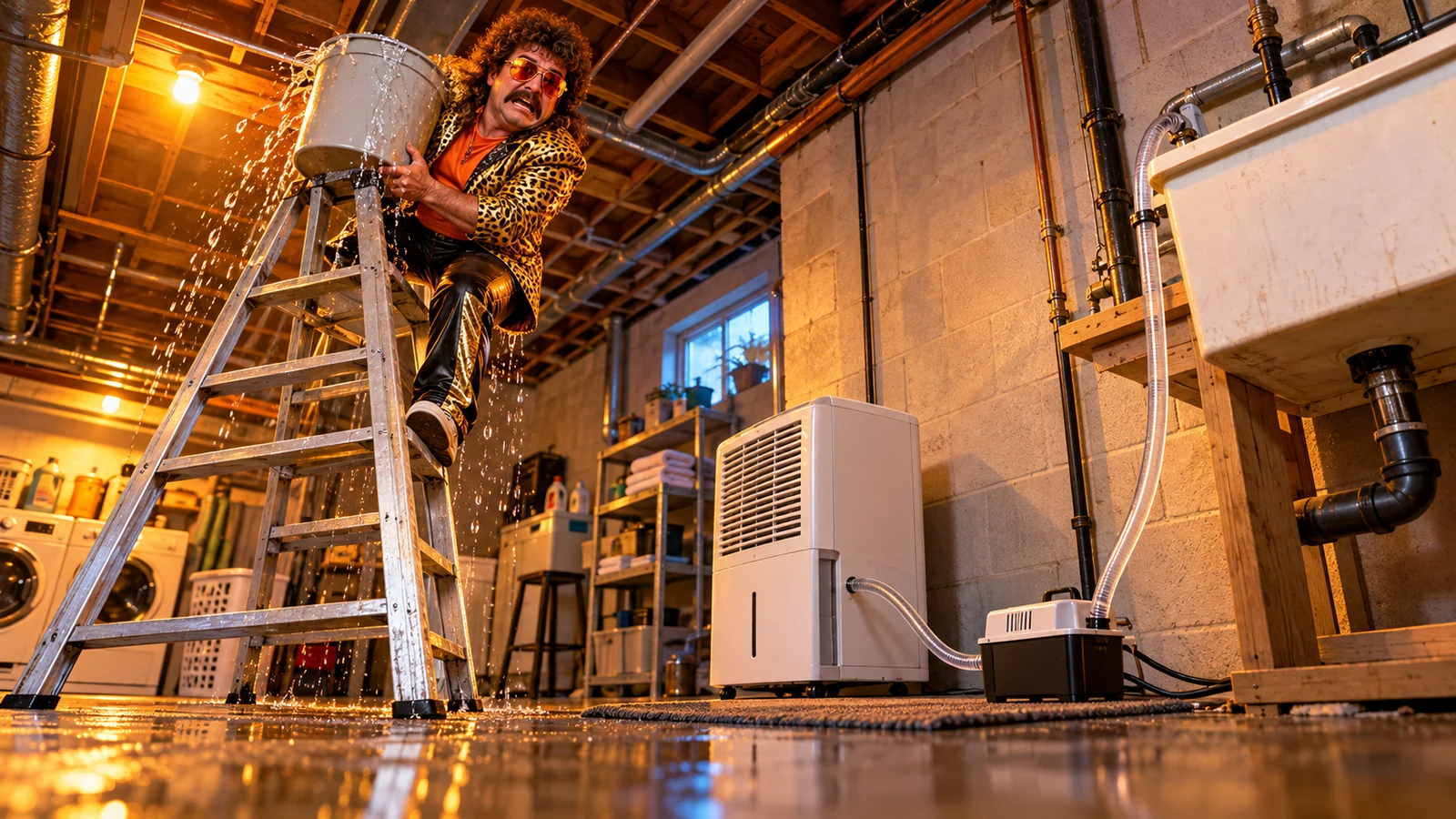 Comical scene with pump-equipped portable and elevated drain